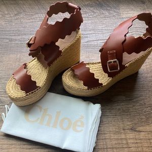 Chloe Brown Leather Scalloped Espadrilles